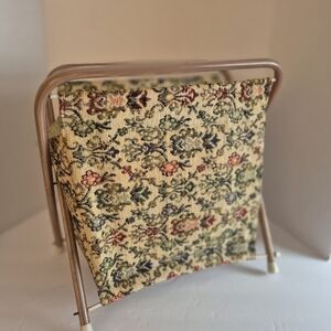 Vintage 60s Folding Metal Frame Knitting Sewing Caddy Crochet Embroidered Basket